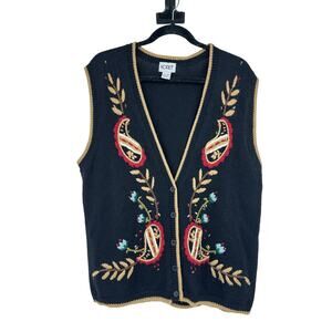 Vintage Koret Women’s L Knit Vest Wool Blend  Embroidered Floral Boho Cottage
